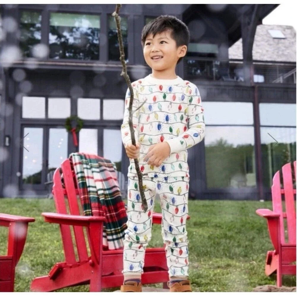 Hanna Andersson US 12 Bright Bulbs Long John Holiday Pajama‎ Set Boy Girl Unisex